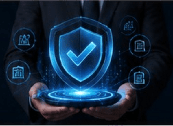 Cybersecurity professional holding a verified shield icon
