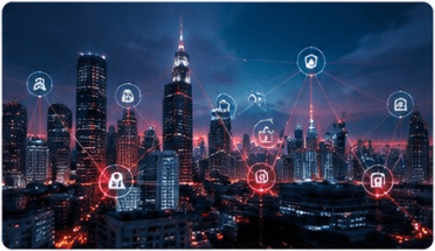 City skyline overlaid with a connected cybersecurity network